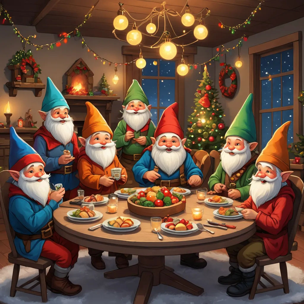 a group of gnomes sitting around a table eating food and drinking wine in a christmas scene with a fireplace, sots art, a storybook illustration, Bálint Kiss, hearthstone