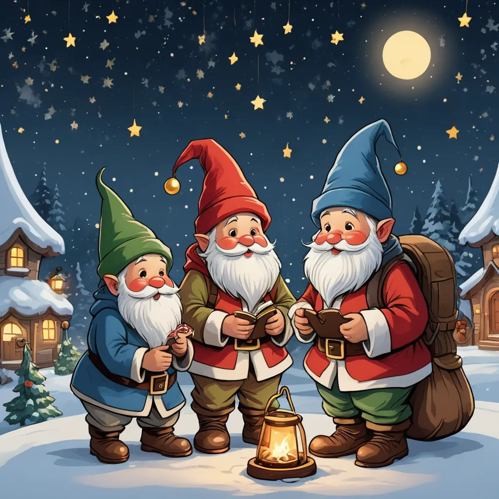 three gnomes are standing in the snow with a lantern in their hands and a house in the background, fantasy art, a storybook illustration, Ernest William Christmas, storybook illustration