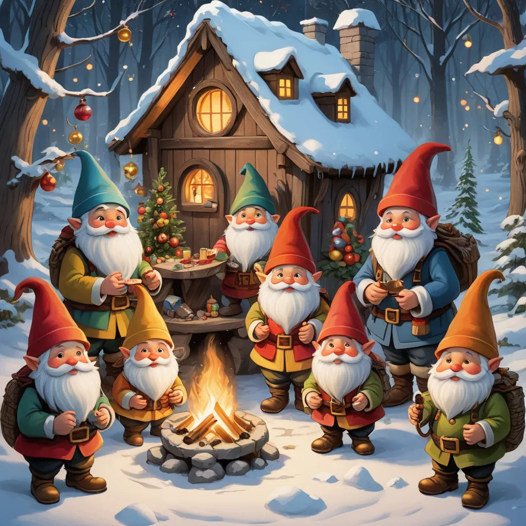 a group of gnomes standing around a fire in a snowy forest with a small house in the background, fantasy art, a storybook illustration, ESAO, storybook illustration
