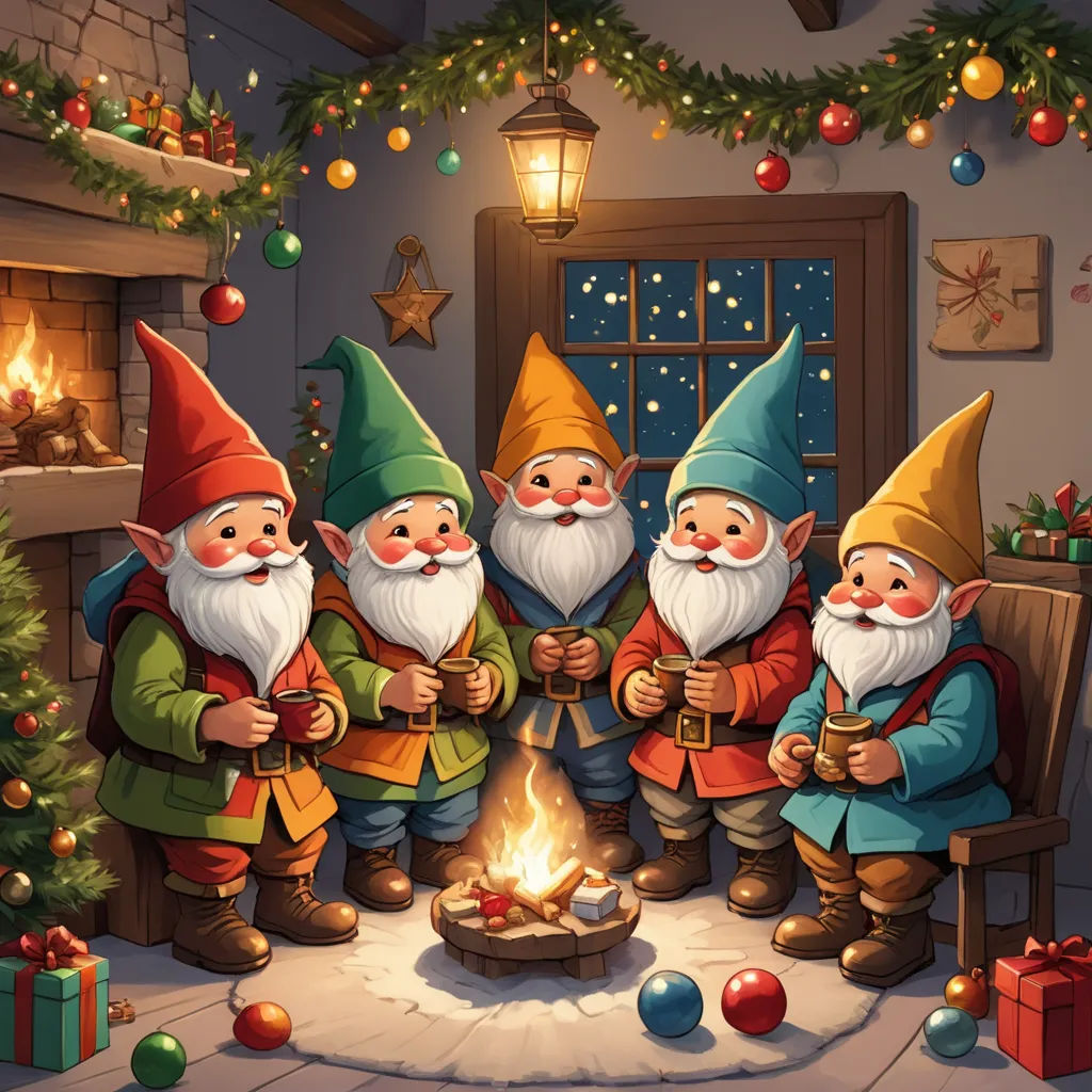 a group of gnomes standing around a fire in a room with christmas decorations and a christmas tree in the background, fantasy art, a storybook illustration, Bálint Kiss, hearthstone
