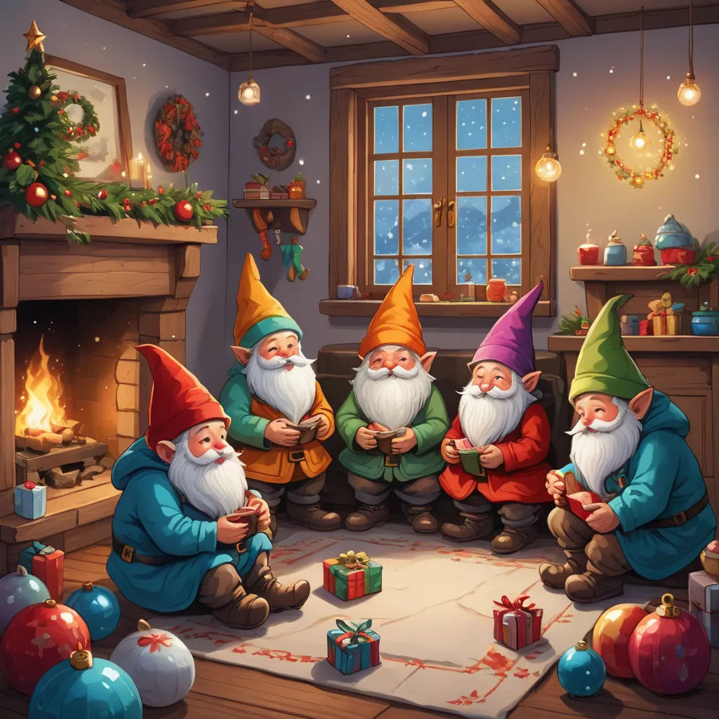 a group of gnomes sitting around a fireplace in a room with christmas decorations and presents on the floor, fantasy art, a storybook illustration, Brothers Hildebrandt, hearthstone