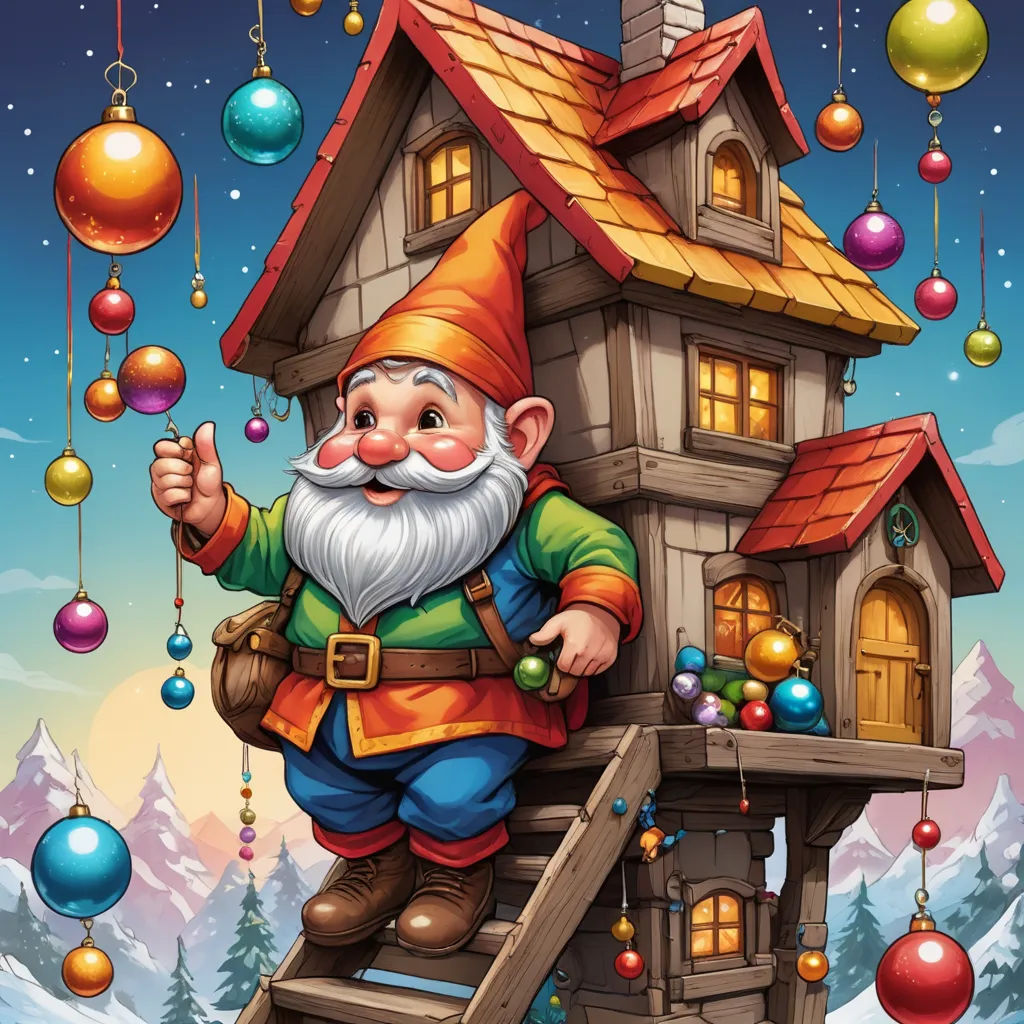 a cartoon gnome climbing up a ladder to a house with ornaments hanging from it's roof and a ladder to the roof, fantasy art, a digital rendering, Ernest William Christmas, highly detailed digital art
