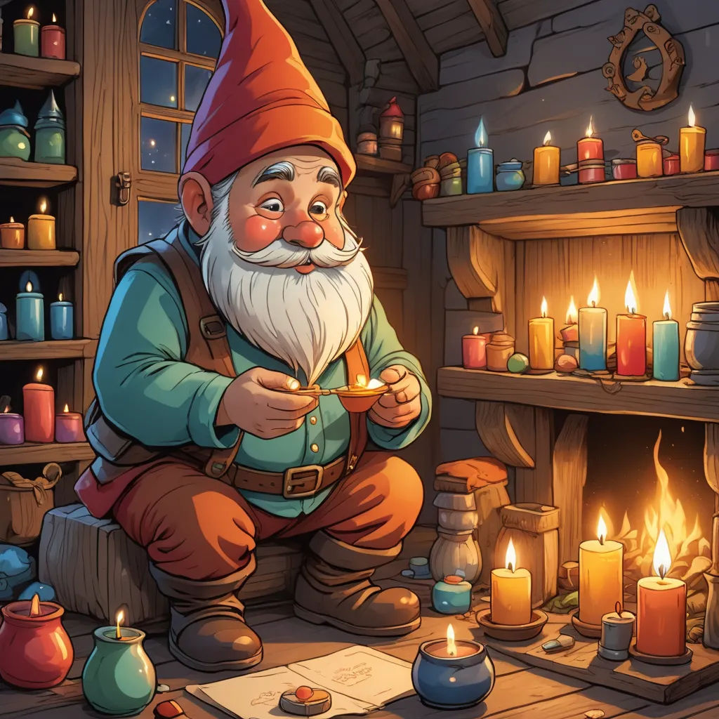 a cartoon gnome sitting in front of a fireplace with candles around him and a book in front of him, fantasy art, a storybook illustration, Alex Horley, hearthstone