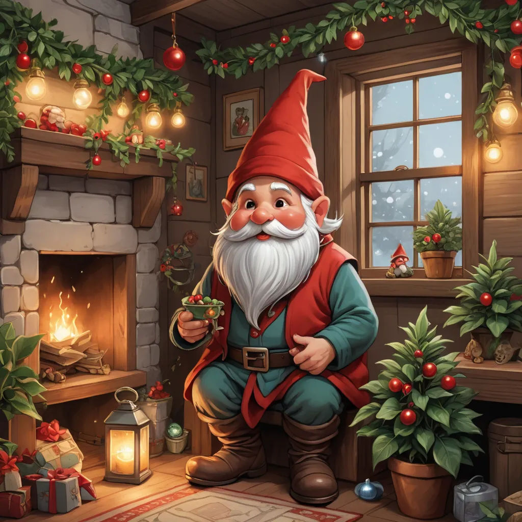 a painting of a gnome sitting in front of a fireplace with a lit candle in his hand and a christmas wreath around him, fantasy art, a storybook illustration, Ernest William Christmas, highly detailed digital painting