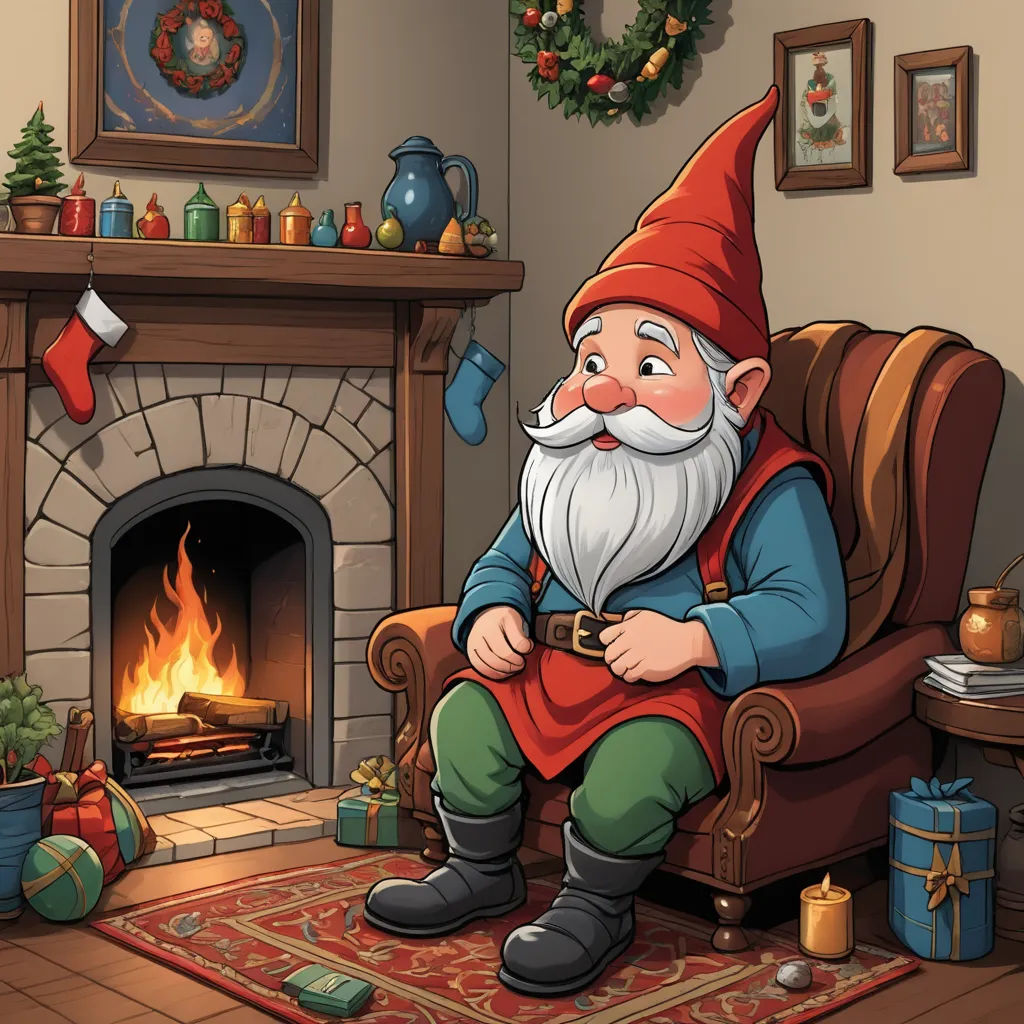 a cartoon gnome sitting in a chair by a fireplace with presents on the table and a christmas wreath on the mantle, fantasy art, a storybook illustration, Ernest William Christmas, game art