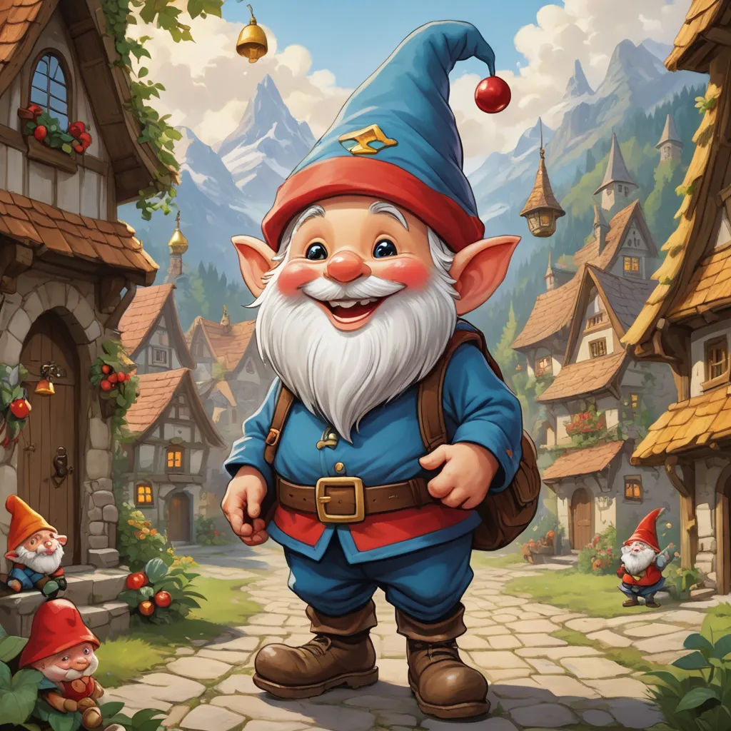 a cartoon gnome is standing in front of a village with a red apple on his head and a red hat, fantasy art, a storybook illustration, Ed Binkley, fantasy artwork