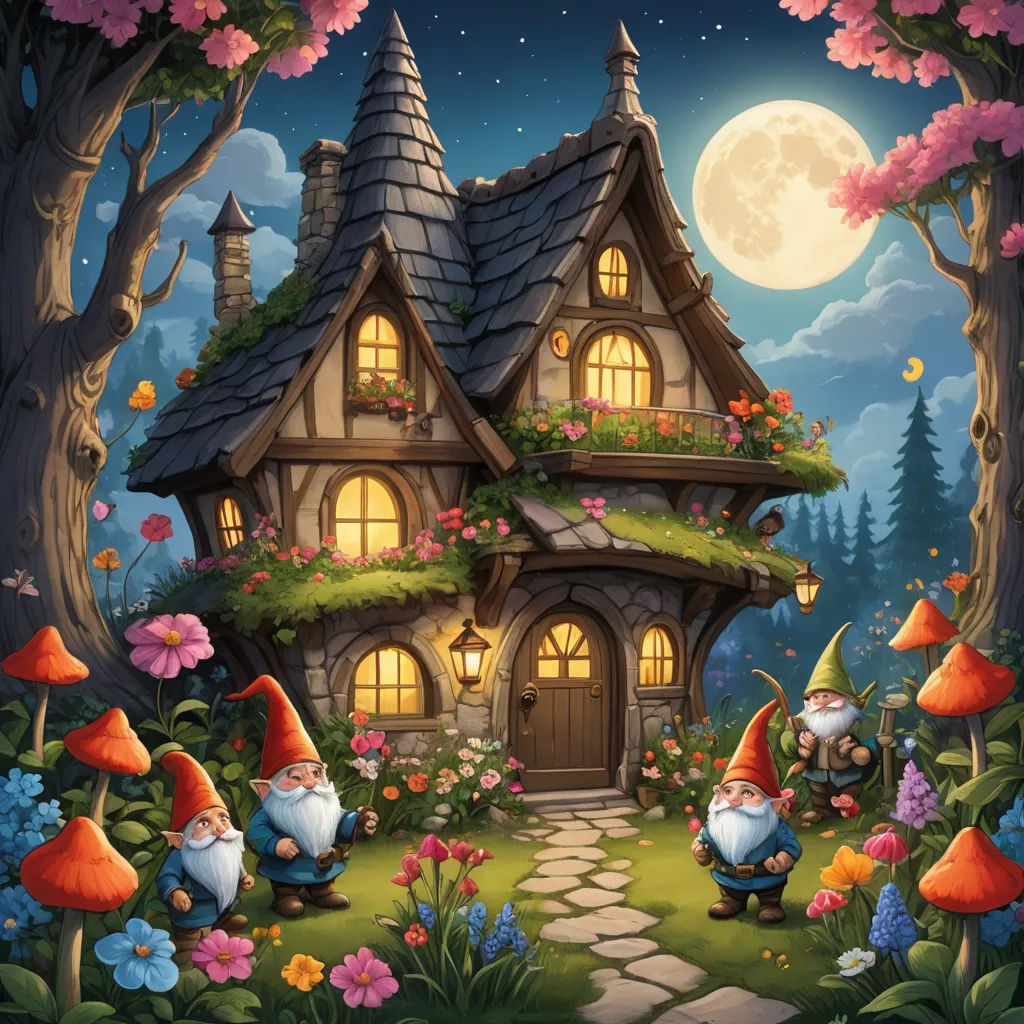 a cartoon house with a lot of flowers and gnomes in the yard at night time with a full moon, fantasy art, a storybook illustration, Anne Stokes, kinkade