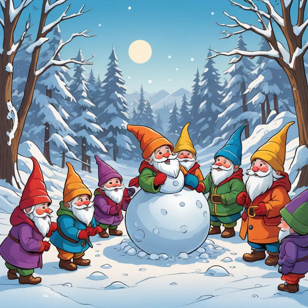 a group of gnomes standing around a snowman in the snow with a full moon in the background, folk art, a storybook illustration, Elsa Beskow, winter
