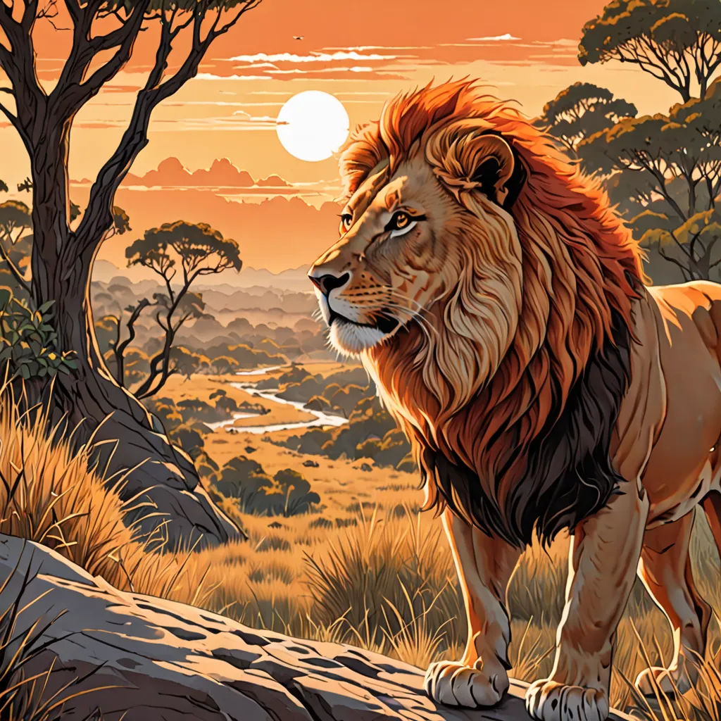 a lion standing on a rock in a field at sunset with a tree in the background and a sunset behind it, fantasy art, an airbrush painting, Chris LaBrooy, highly detailed digital painting