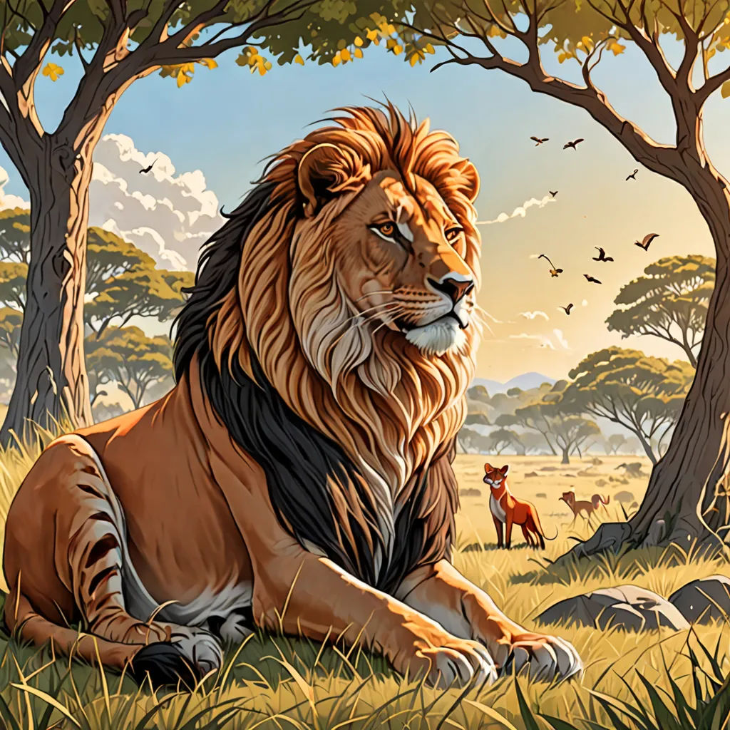 a lion sitting in the grass with trees in the background and birds flying overhead in the sky above it, fantasy art, a storybook illustration, Chris LaBrooy, highly detailed digital painting