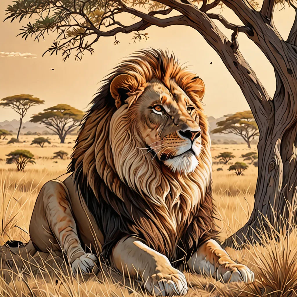 a painting of a lion sitting in the grass under a tree in the wild with a sunset in the background, fantasy art, an airbrush painting, Chris LaBrooy, highly detailed digital painting