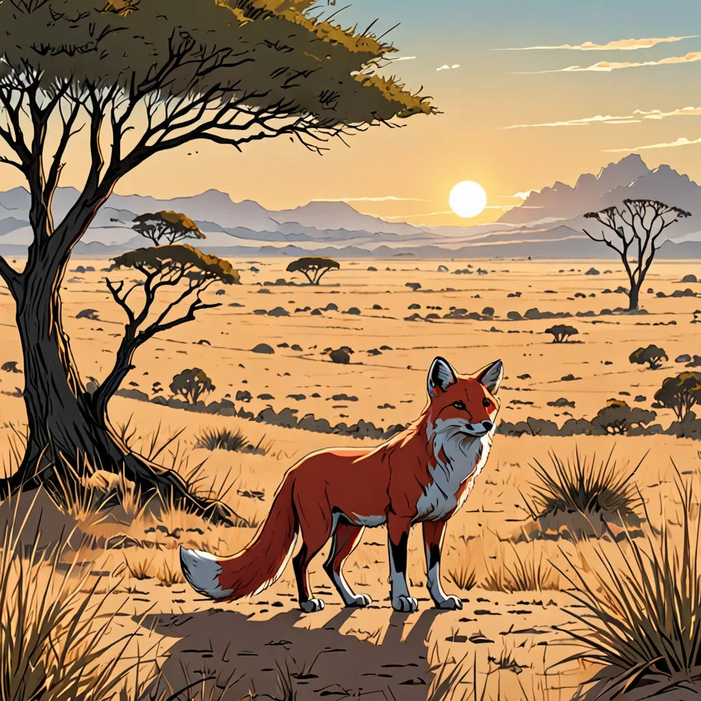 a red fox standing in a desert with a sunset in the background and trees in the foreground,, furry art, a comic book panel, Dan Mumford, comic cover art