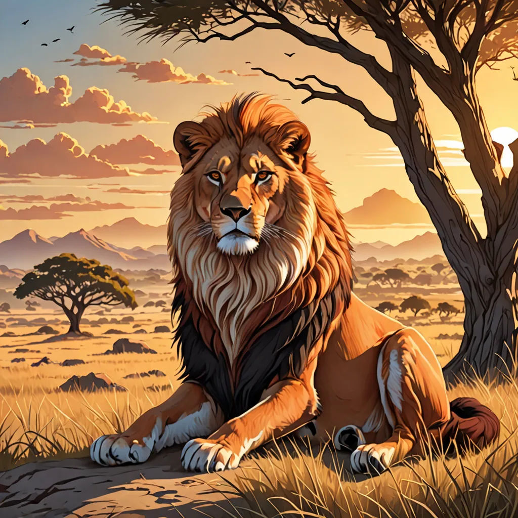 a lion sitting in the grass near a tree and a sunset with clouds in the background and a bird flying over the tree, fantasy art, an airbrush painting, Chris LaBrooy, highly detailed digital painting