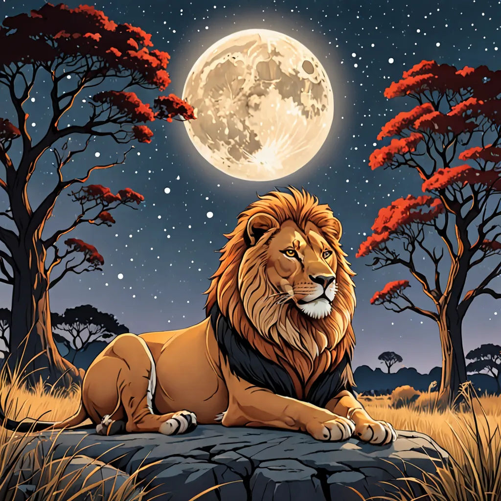 a lion sitting on a rock under a full moon with trees in the background and a full moon in the sky, fantasy art, a storybook illustration, Chris LaBrooy, high detail illustration