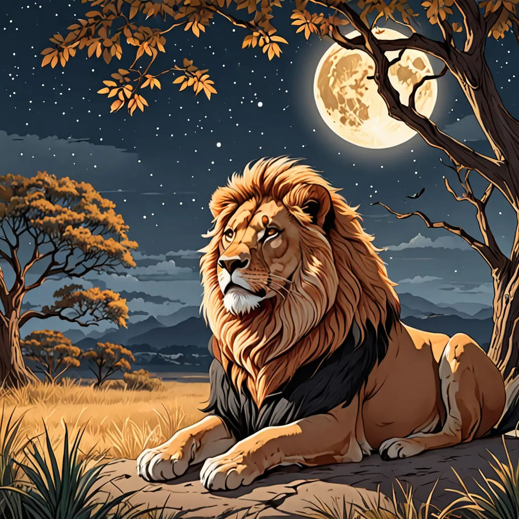 a lion sitting on a rock under a tree with a full moon in the background and a tree with leaves, fantasy art, a storybook illustration, Chris LaBrooy, highly detailed digital painting