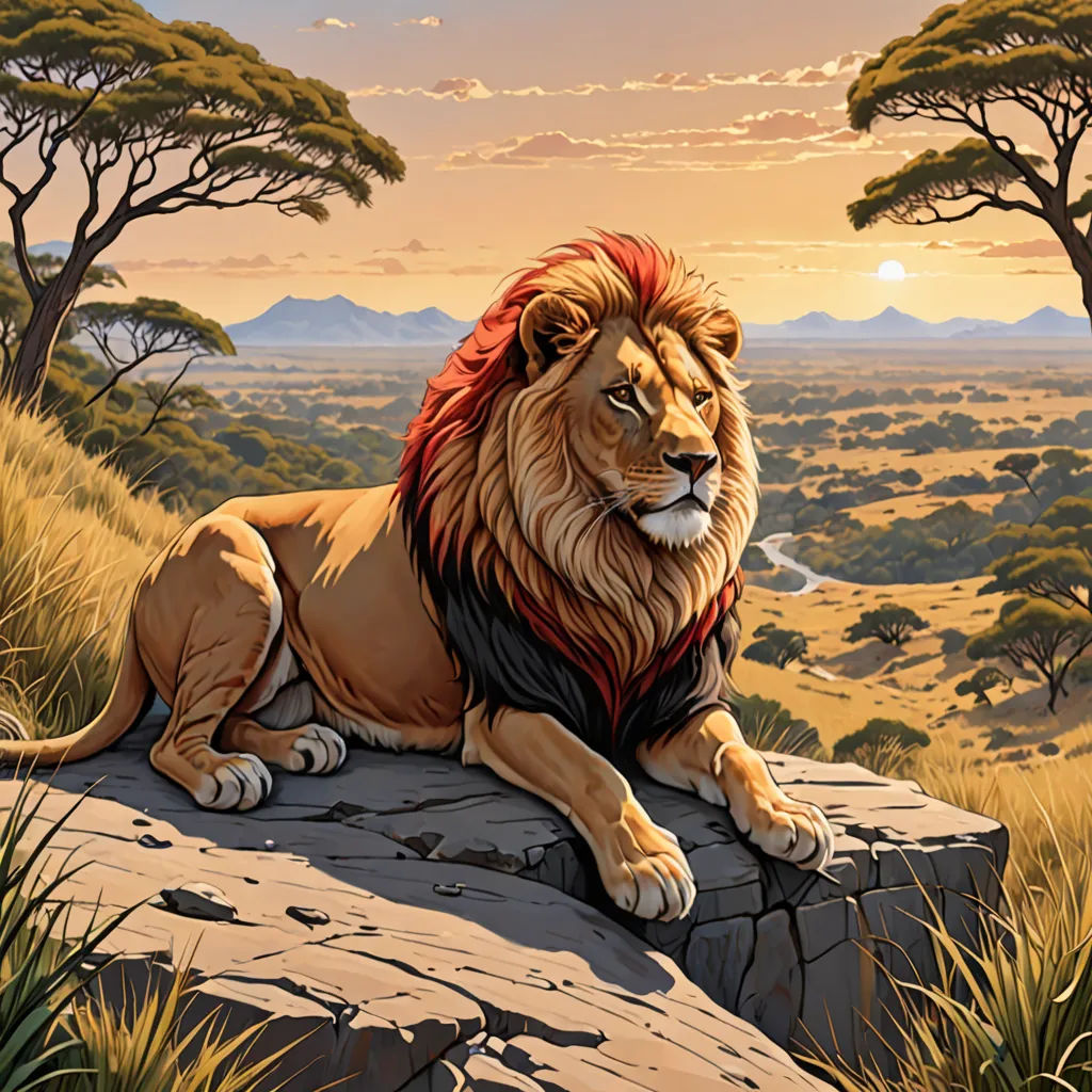 a lion sitting on a rock in the middle of a field with trees in the background and a sunset in the background, fantasy art, an airbrush painting, Chris LaBrooy, highly detailed digital painting