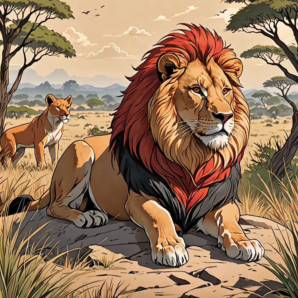 a lion and a lion cub sitting on a rock in the wild with trees and bushes in the background, furry art, a storybook illustration, Chris LaBrooy, official art