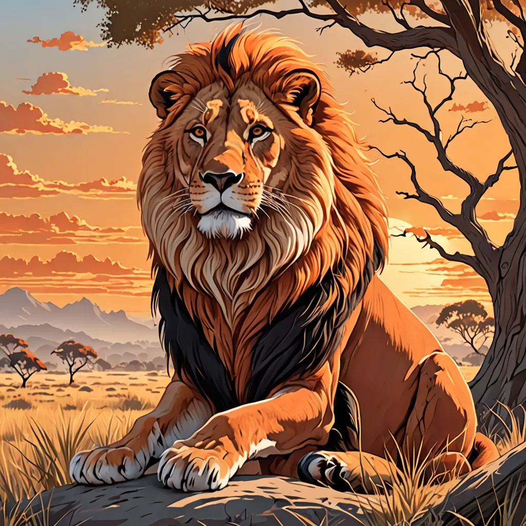 a lion sitting on a rock in the grass near a tree and a sunset sky with clouds in the background, fantasy art, an airbrush painting, Chris LaBrooy, highly detailed digital painting