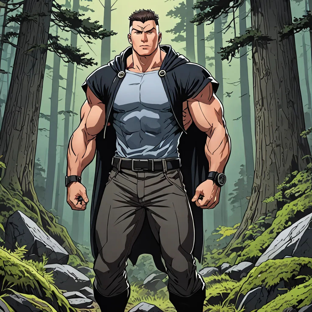 a man in a black and blue shirt standing in the woods with his hands on his hips and looking at the camera, sots art, a character portrait, Cedric Seaut (Keos Masons), official art