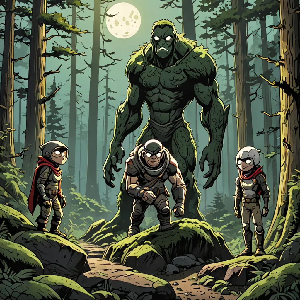 a cartoon of a giant monster standing in the woods with two small men standing next to it and a full moon in the background, sots art, poster art, Dan Mumford, comic cover art