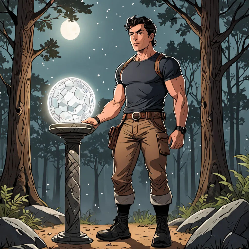 a man standing next to a light ball in a forest at night with a full moon behind him and trees, crystal cubism, a character portrait, Eric Taylor, official art