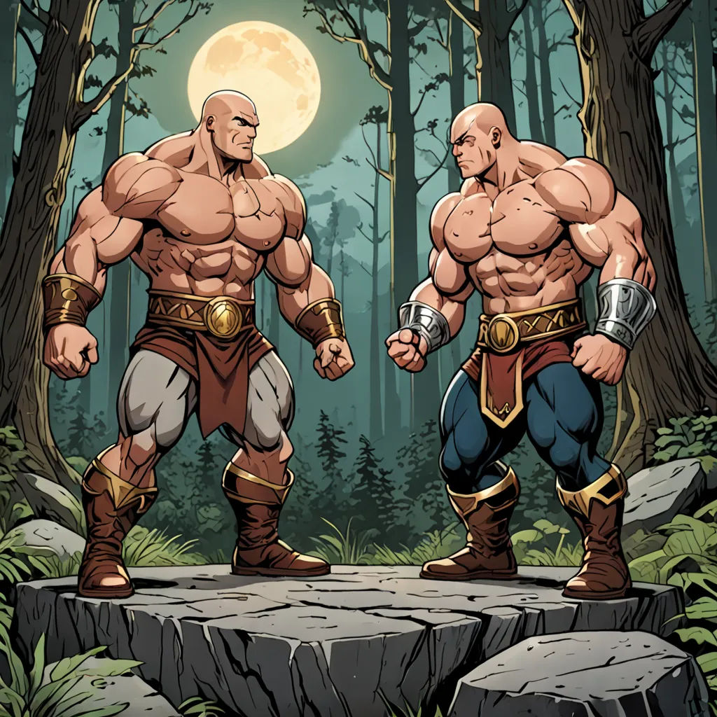 two cartoon men standing in the woods with a full moon behind them and trees behind them, one of them is holding the other hand, fantasy art, a comic book panel, Brothers Hildebrandt, comic cover art