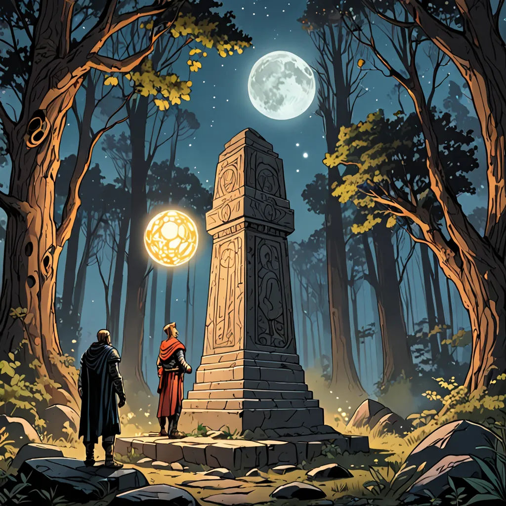 two people standing in front of a monument in the woods at night with a full moon in the sky, fantasy art, a comic book panel, Dan Mumford, comic cover art