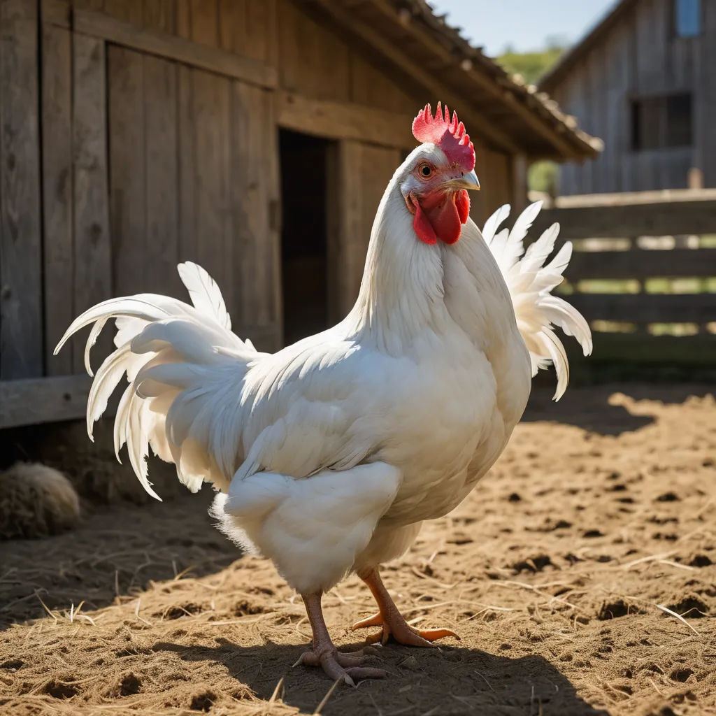 a white rooster standing in the dirt near a barn and a barn door with a red comb on it's head, rococo, a stock photo, Clovis Trouille, animal photography
