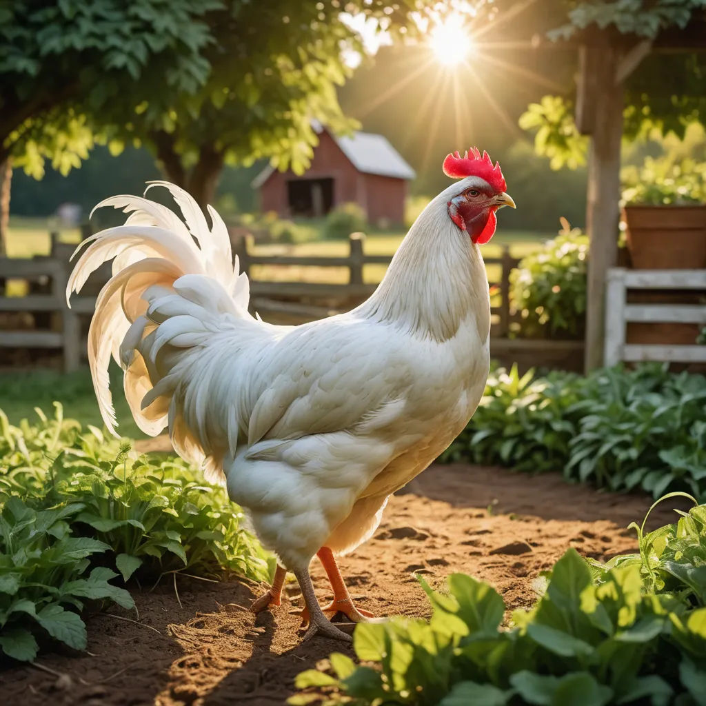 a white rooster walking through a garden with green plants and trees in the background, with the sun shining on the chicken, symbolism, a stock photo, Andries Stock, animal photography