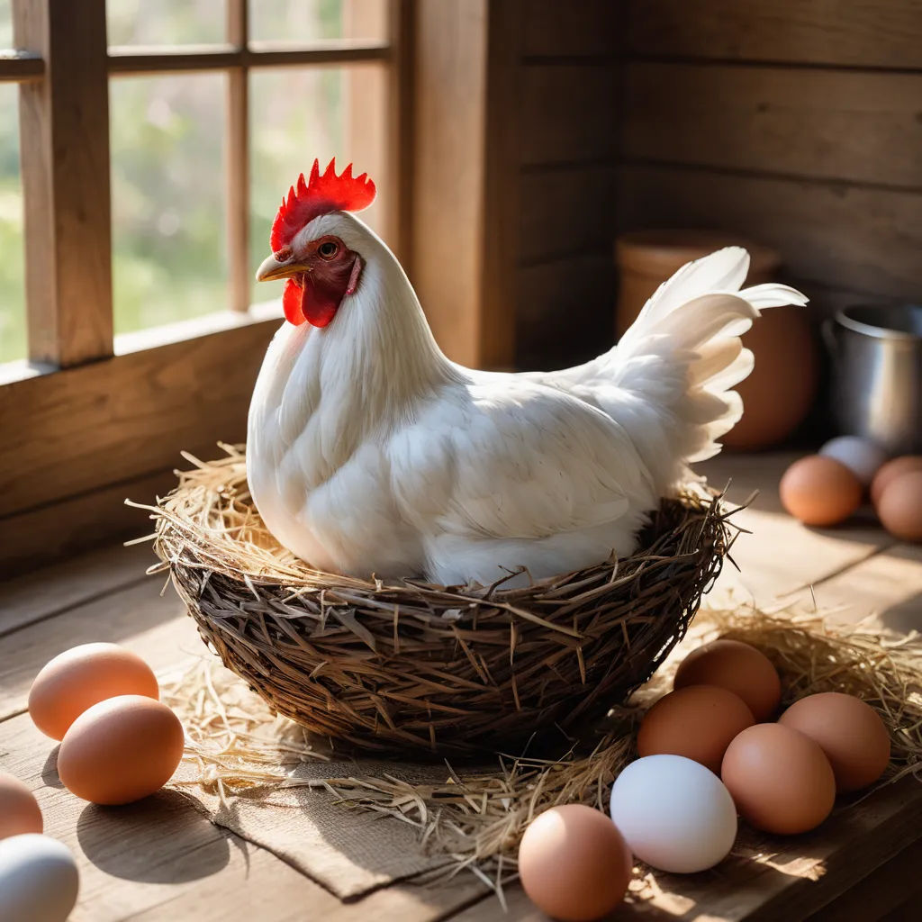 a chicken sitting in a nest with eggs around it on a wooden floor next to a window with a wooden frame, symbolism, a stock photo, Dan Content, animal photography
