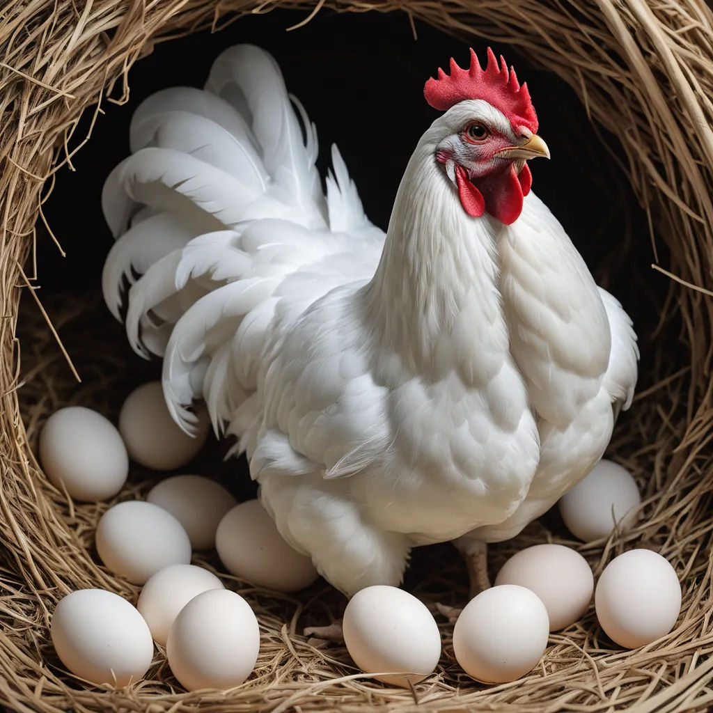 a white chicken standing in a nest with eggs around it and a black background with a red comb on the top of the chicken, symbolism, a stock photo, Andries Stock, animal photography