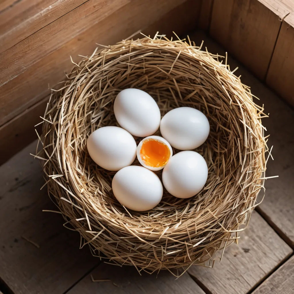 a nest of eggs with an egg in it on a wooden floor with a wooden wall behind it and a wooden floor, institutional critique, a stock photo, Bernd Fasching, professional food photography