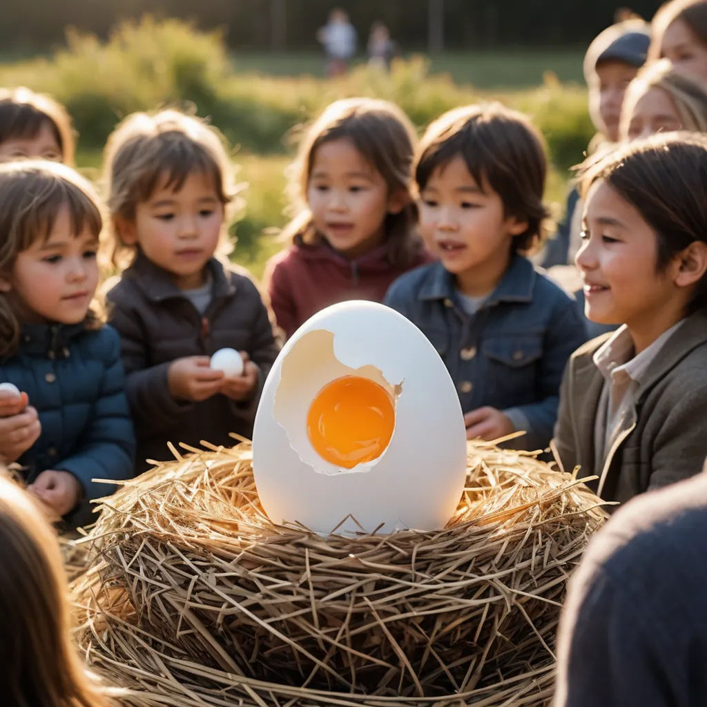 a group of children standing around a nest with an egg in it and a woman holding a cell phone, ecological art, a stock photo, Art & Language, promotional image