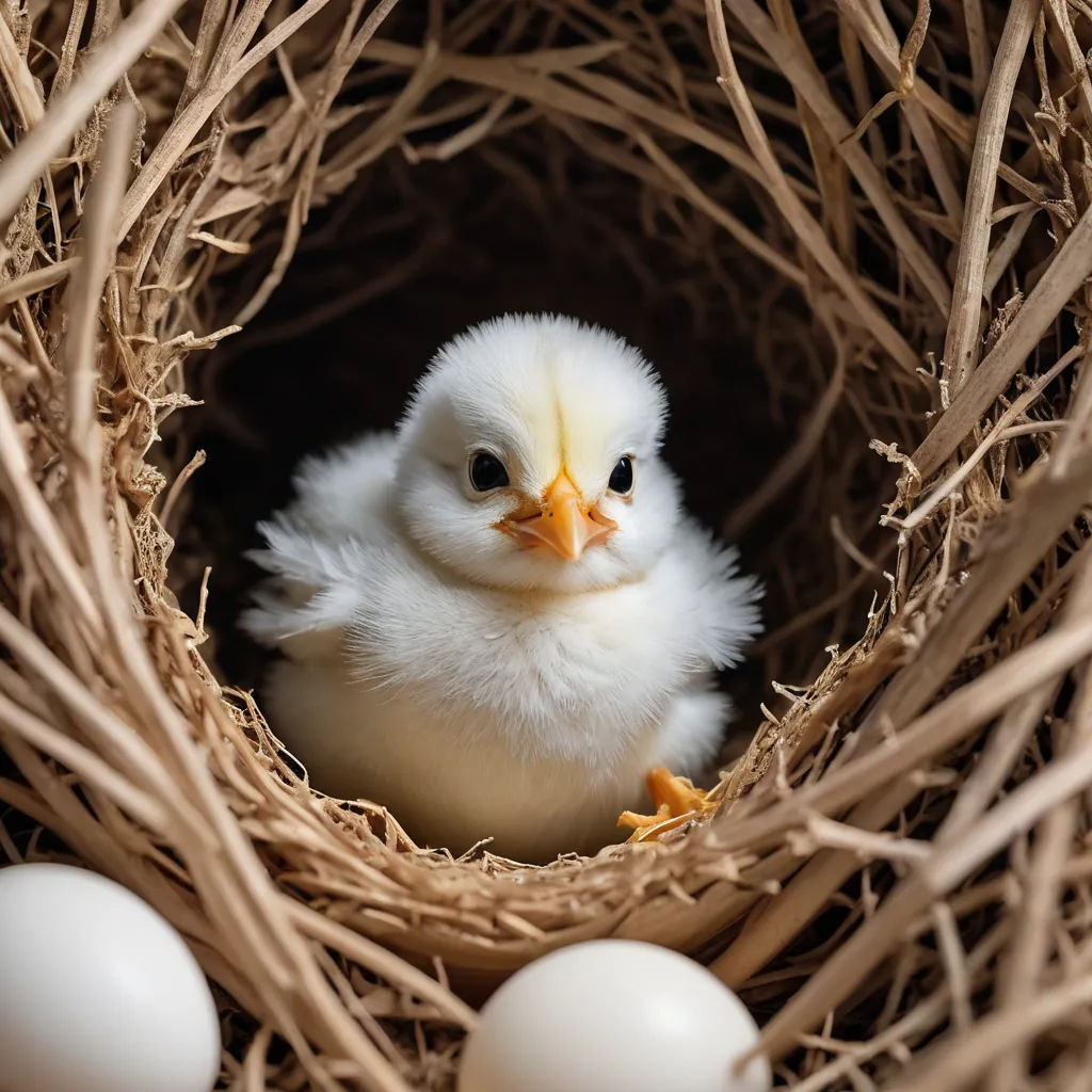 a small white bird sitting in a nest with eggs around it's neck and head, with a yellow beak, naturalism, a stock photo, Bernd Fasching, birds