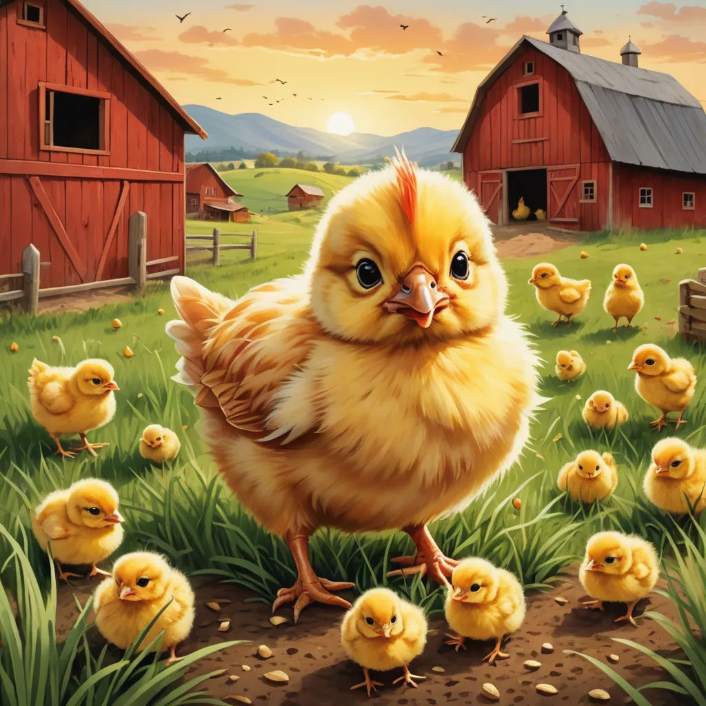 a chicken and her chicks are in a field by a barn and barn buildings with a sunset in the background, massurrealism, a storybook illustration, Chris LaBrooy, highly detailed digital painting
