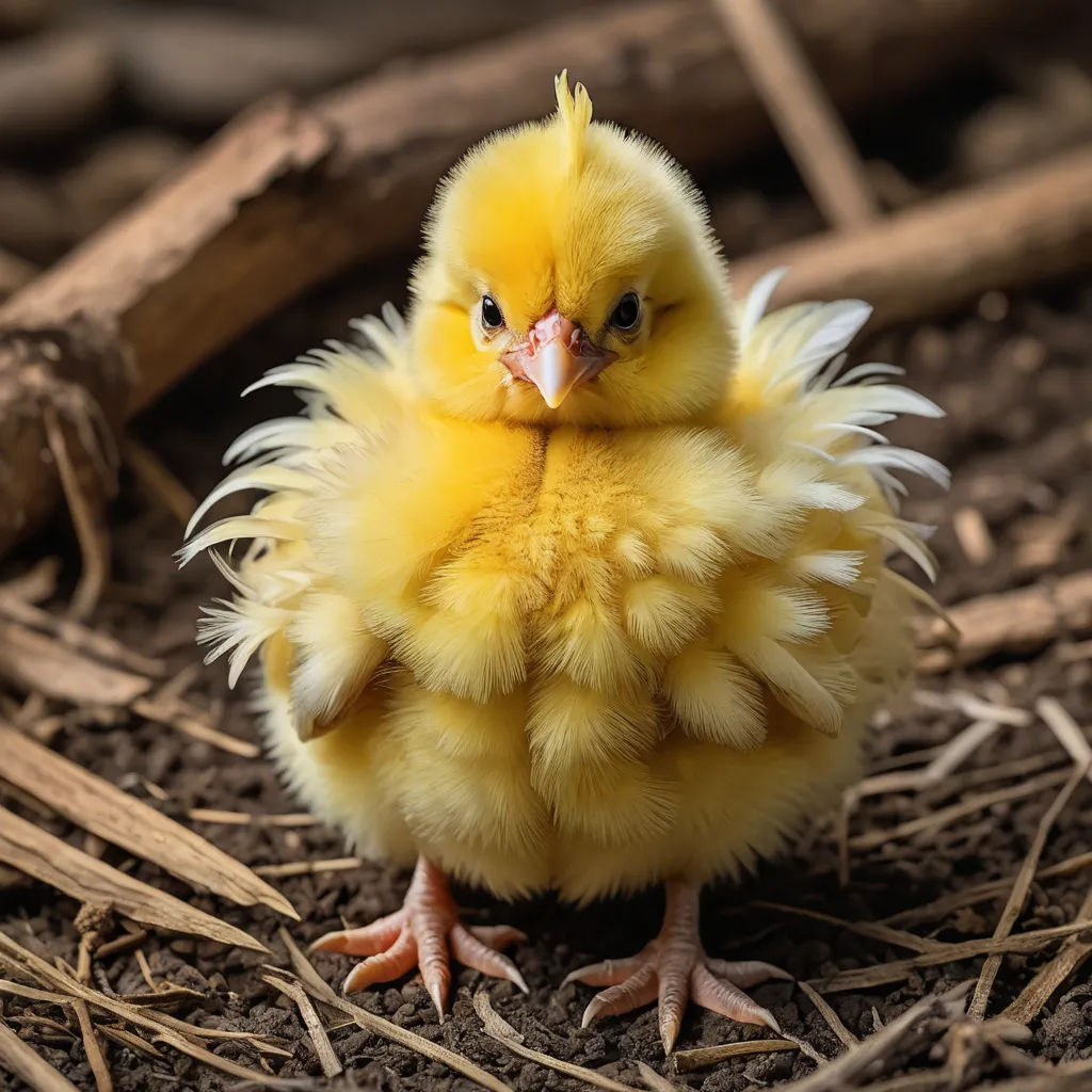 a small yellow chicken standing on top of a dirt ground next to sticks and sticks and sticks and sticks, naturalism, a stock photo, Bernd Fasching, animal photography