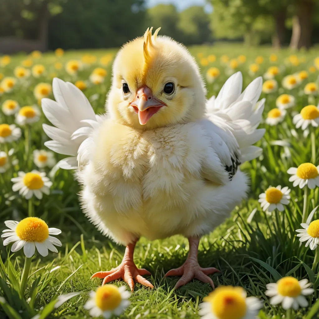 a small chicken standing in a field of flowers with wings outstretched and a yellow beak on its head and body, symbolism, a stock photo, Anne Said, animal photography