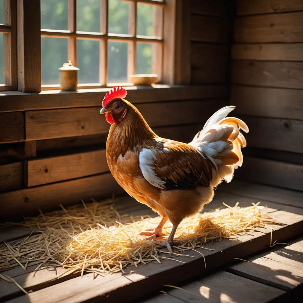 a chicken standing on a pile of hay in a barn with a window in the background and a sun shining through the window, art photography, a stock photo, Bernd Fasching, animal photography