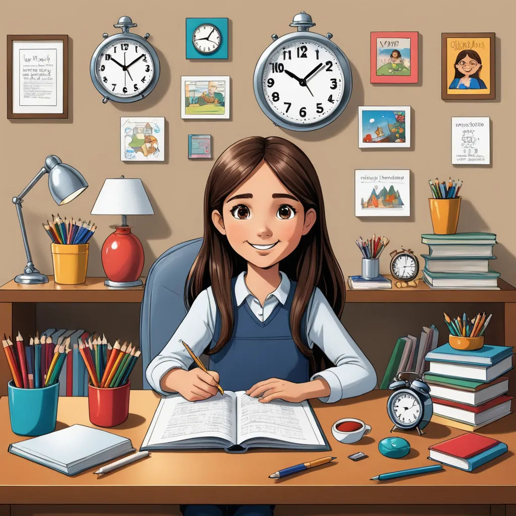 a girl sitting at a desk with a book and a clock on the wall behind her and a lot of books and pencils, naive art, a storybook illustration, Art & Language, storybook illustration