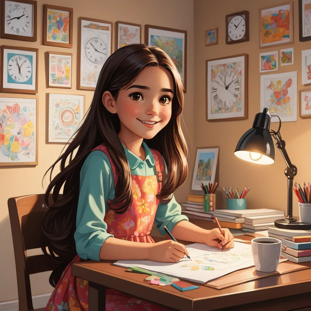 a girl sitting at a desk with a pen and paper in front of her and a clock on the wall, photorealism, a storybook illustration, artist, cgstudio