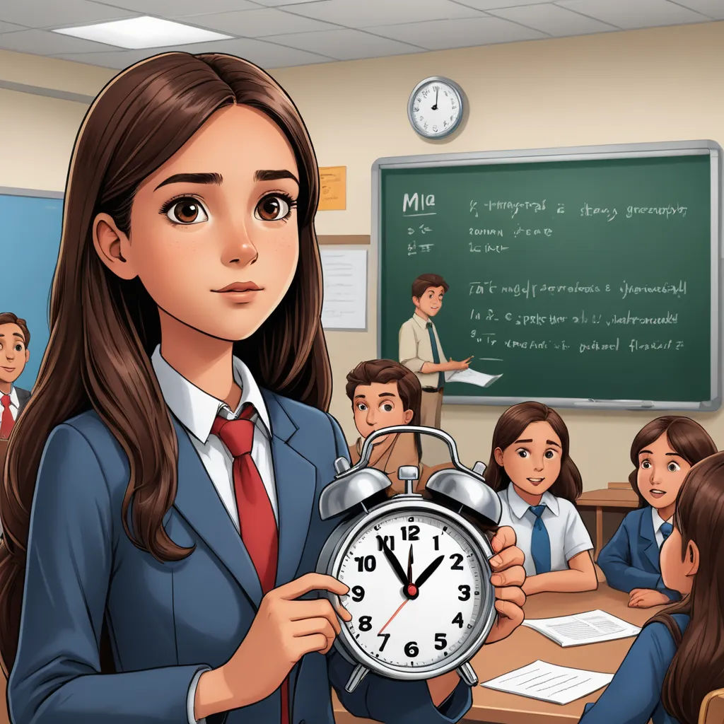 a girl holding a clock in front of a class room full of students and a teacher in the background, serial art, a storybook illustration, Elina Karimova, promotional image