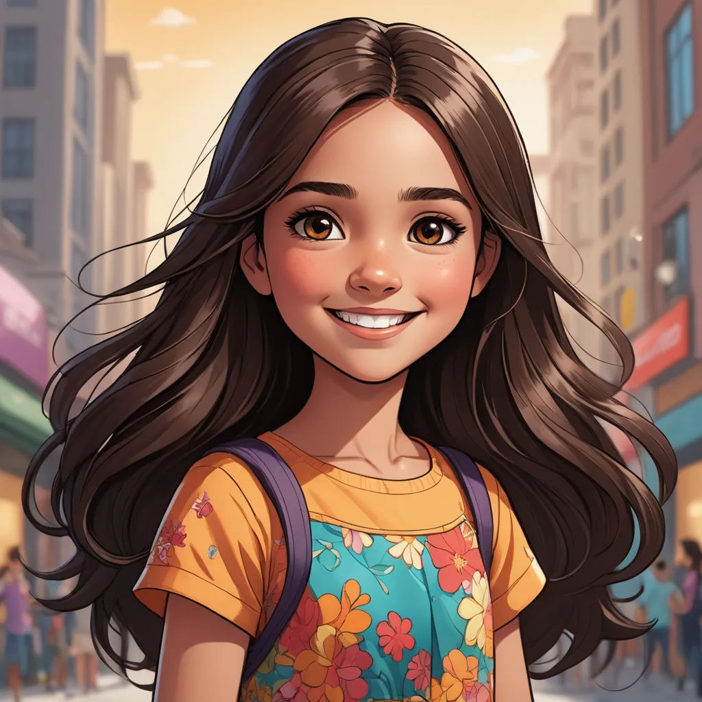 a cartoon girl with long hair and a backpack on a city street with people walking by in the background, photorealism, a character portrait, Artgerm, kinkade