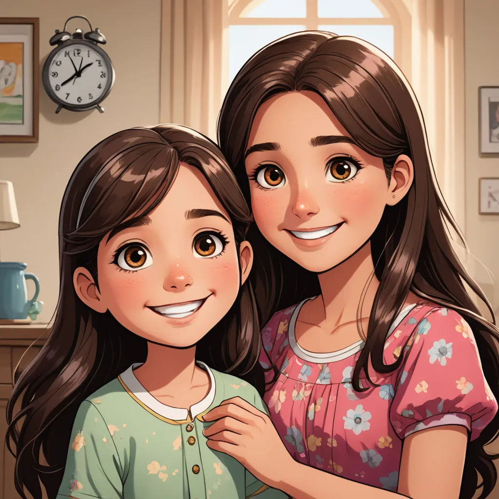 a cartoon of two girls hugging each other in a living room with a clock on the wall behind them, lyco art, a storybook illustration, Artgerm, trending on art station