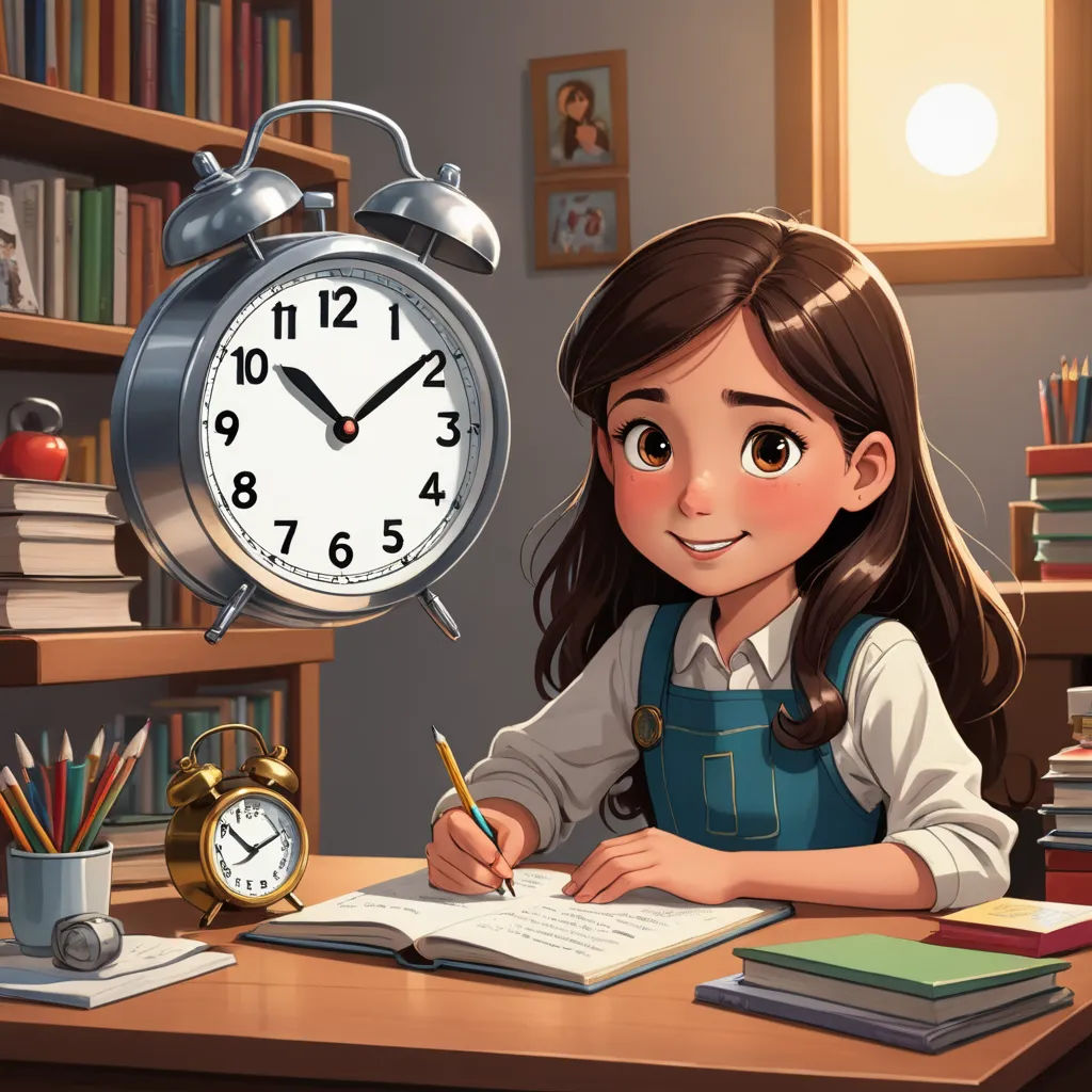 a girl writing in a book in front of a clock and a desk with a book and pencils, lyco art, a storybook illustration, Clarice Beckett, storybook illustration