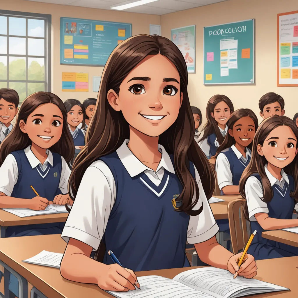 a cartoon of a girl in a classroom with her book and pencil in her hand and a group of other students behind her, paris school, a comic book panel, Ada Gladys Killins, official art