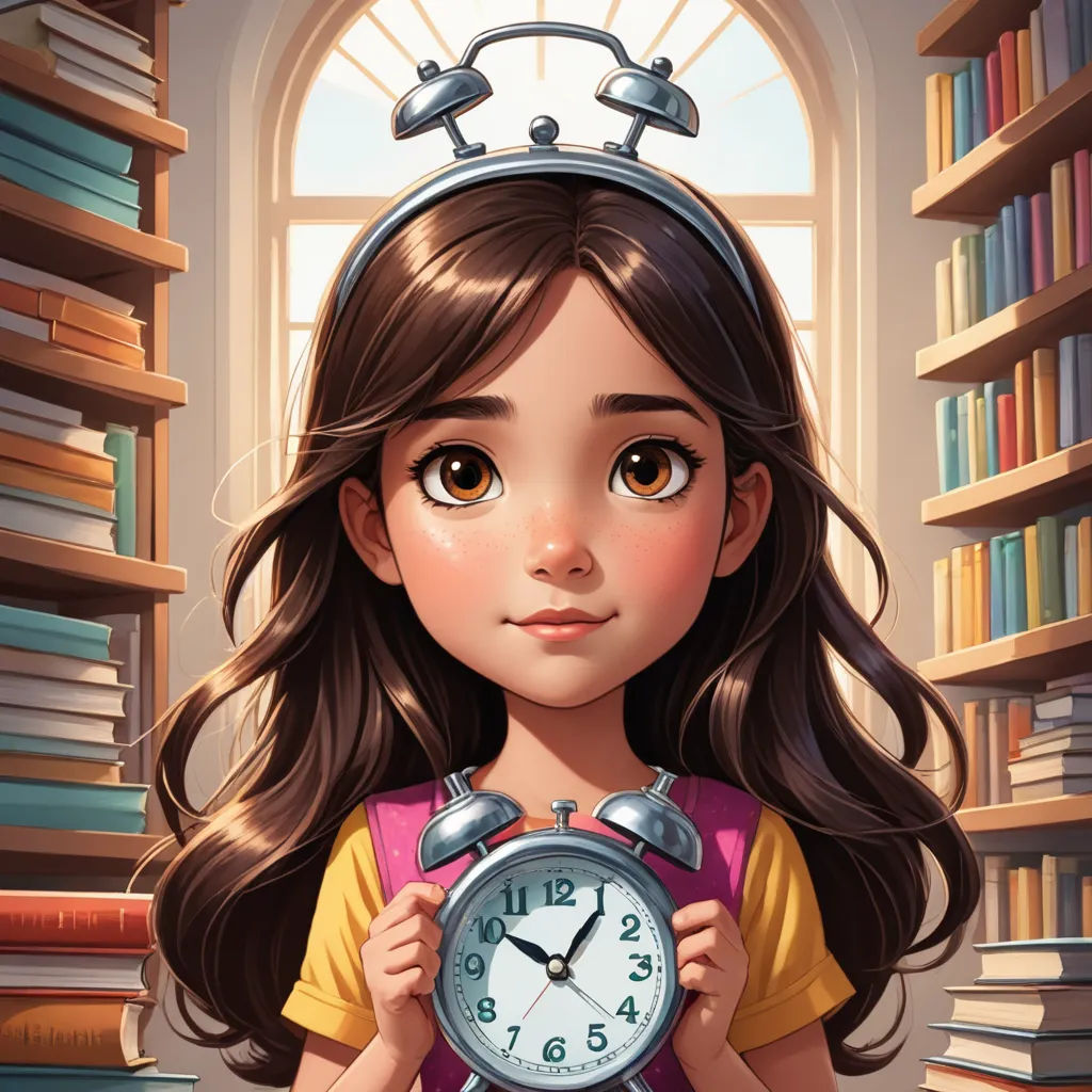 a girl holding a clock in front of a bookshelf with books on the shelves behind her and a window, pop surrealism, a storybook illustration, Alice Prin, storybook illustration