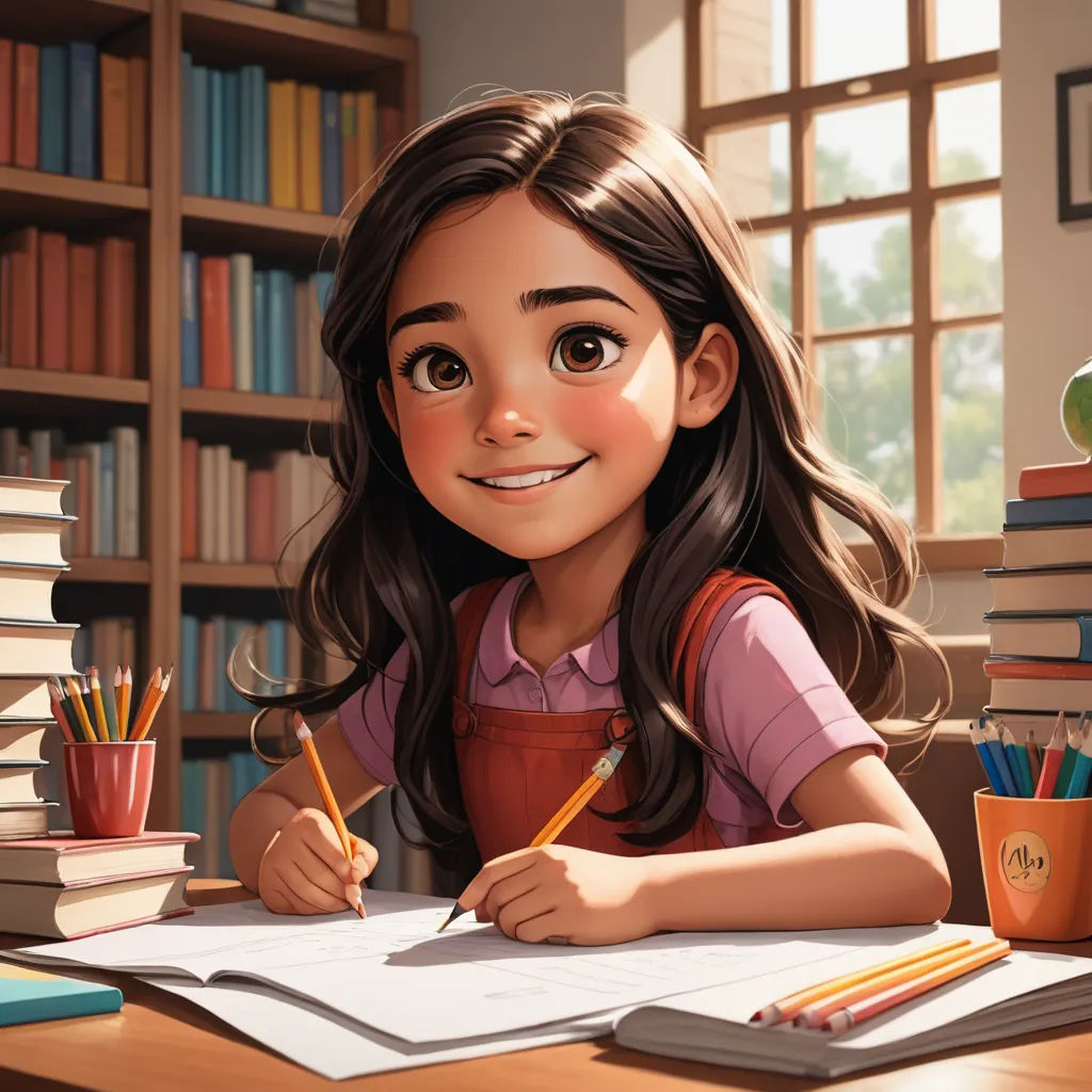 a cartoon girl sitting at a desk with books and pencils in front of her and a stack of books behind her, academic art, a storybook illustration, Artgerm, rossdraws global illumination