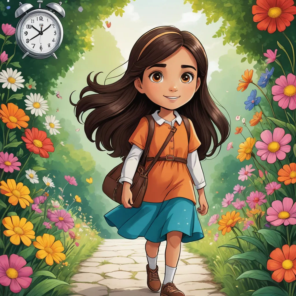 a girl walking down a path with a clock in the background and flowers around her, in a cartoon style, magical realism, a storybook illustration, Alice Prin, storybook illustration