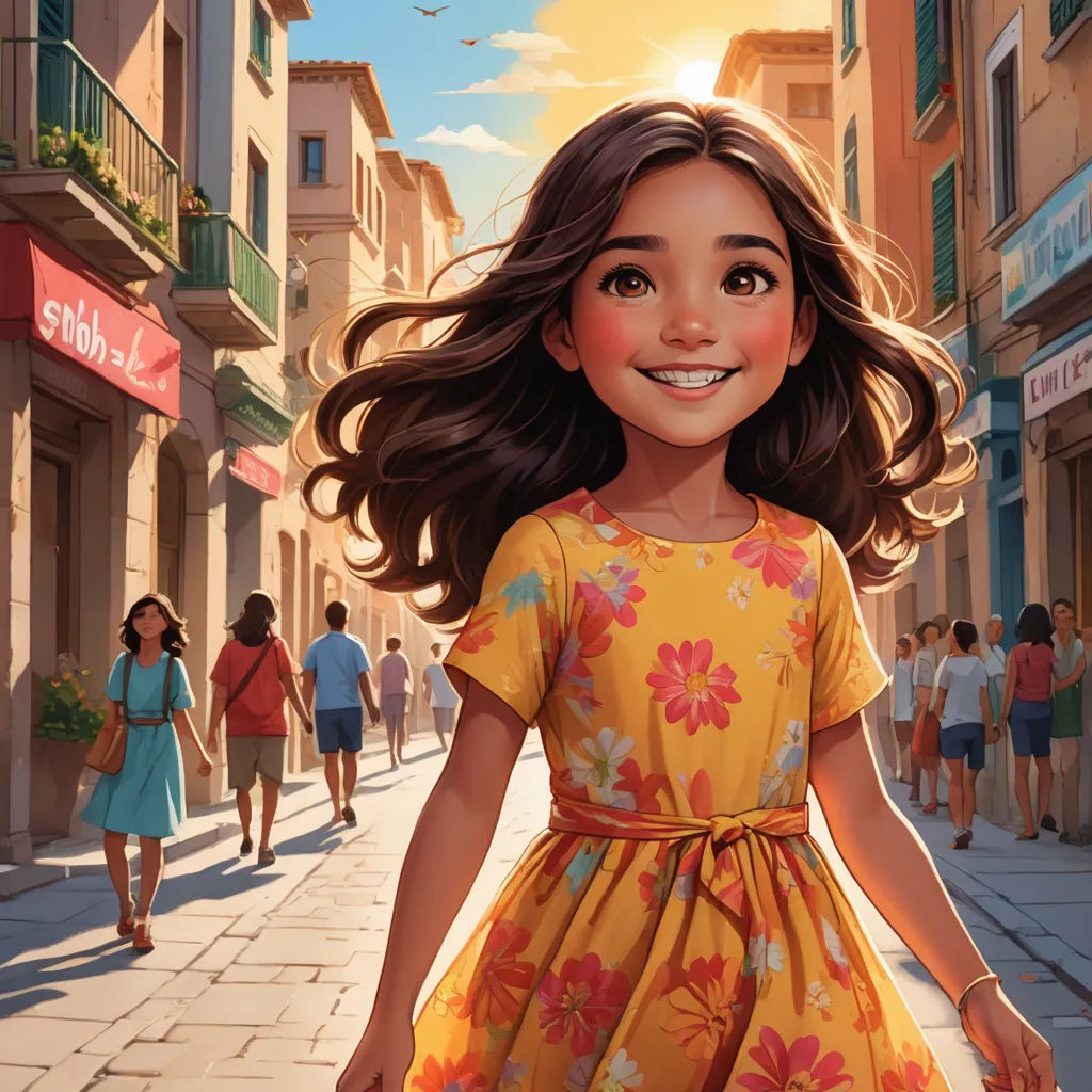 a cartoon girl in a yellow dress walking down a street with people walking by onlookers in the background, photorealism, a storybook illustration, Diego Gisbert Llorens, cgstudio