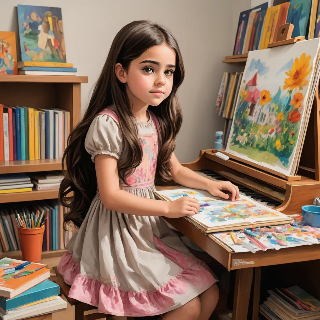 a little girl sitting at a desk with a painting on it's easel and a cup of coffee, photorealism, a hyperrealistic painting, Bob Byerley, extremely detailed oil painting